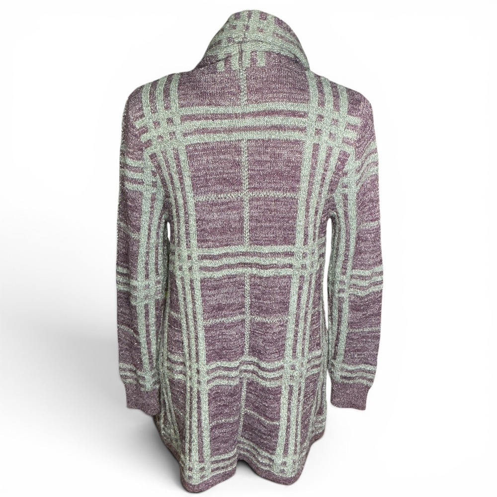 Simply Styled Purple Plaid Cardigan Women Small Metallic Open Front Knit Sweater - Picture 5 of 16